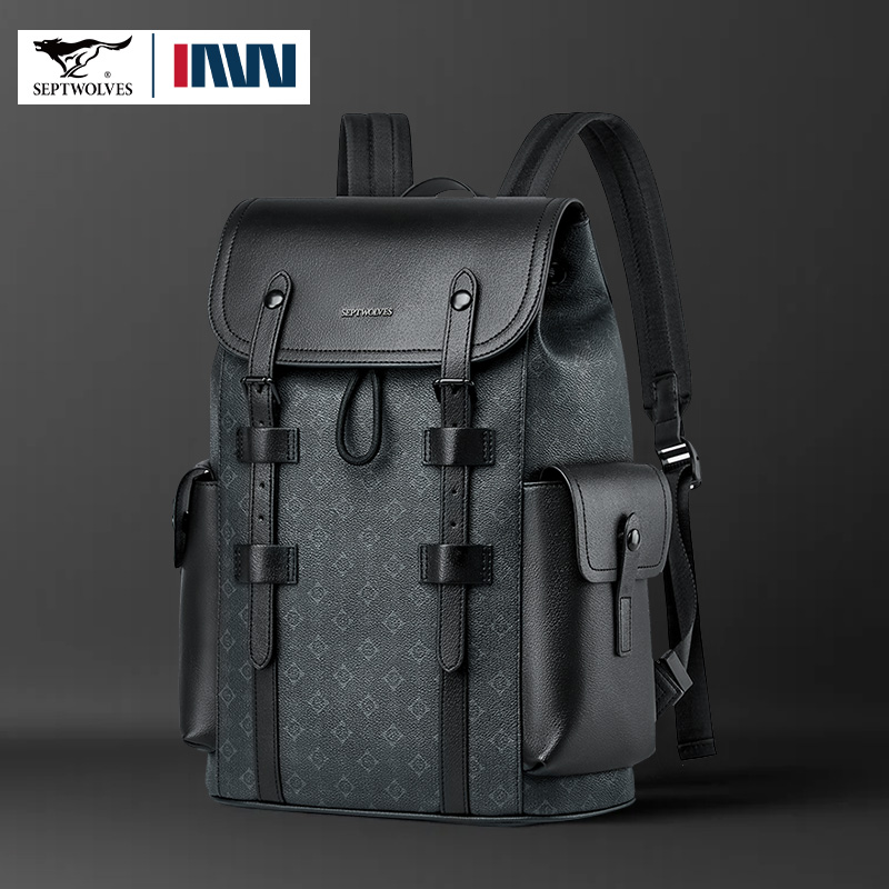 Leather Work Rucksack Mens - Septwolves Hoge kwaliteit zakelijke bedrukte leren
